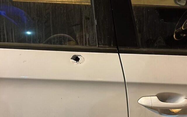 A bullet hole is seen on an Israeli car after it came under fire in the West Bank town of Huwara, September 19. 2022 (Rescuers Without Borders) A bullet hole is seen on an Israeli car after it came under fire in the West Bank town of Huwara, September 19. 2022 (Rescuers Without Borders)