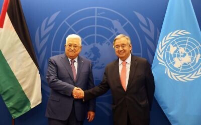 Palestinian Authority President Mahmoud Abbas (L) meets with UN Secretary-General Antonio Guterres at the United Nations headquarters in New York on September 19, 2022. (Mission of Palestine to the UN/Twitter)