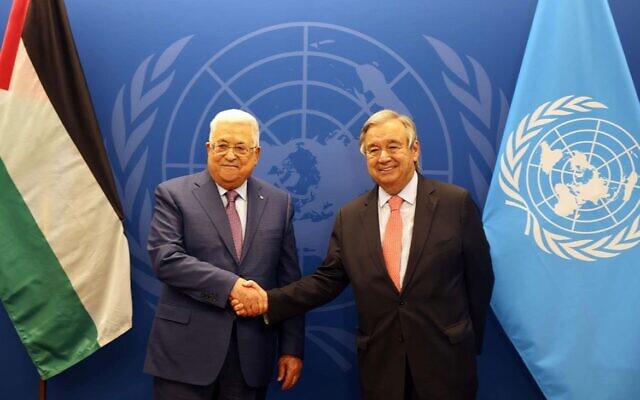 Palestinian Authority President Mahmoud Abbas (L) meets with UN Secretary-General Antonio Guterres at the United Nations headquarters in New York on September 19, 2022. (Mission of Palestine to the UN/Twitter) Palestinian Authority President Mahmoud Abbas (L) meets with UN Secretary-General Antonio Guterres at the United Nations headquarters in New York on September 19, 2022. (Mission of Palestine to the UN/Twitter)