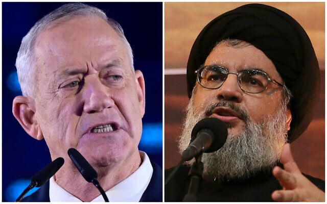 File: Defense Minister Benny Gantz (left) and Hezbollah leader Hassan Nasrallah (right). (Tomer Neuberg/Flash90; Hussein Malla/ AP Photo) File: Defense Minister Benny Gantz (left) and Hezbollah leader Hassan Nasrallah (right). (Tomer Neuberg/Flash90; Hussein Malla/ AP Photo)
