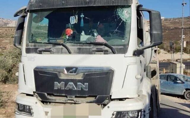 Damage is seen to an Israeli-owned truck after a stone-throwing attack near the West Bank outpost of Havat Gilad, September 28, 2022. (Rescuers Without Borders) Damage is seen to an Israeli-owned truck after a stone-throwing attack near the West Bank outpost of Havat Gilad, September 28, 2022. (Rescuers Without Borders)