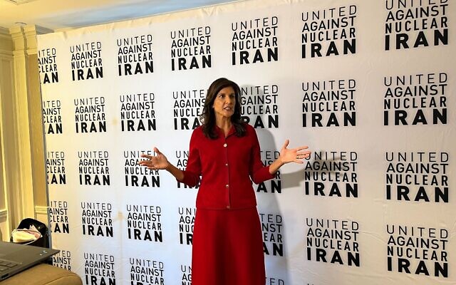 Former US ambassador to the UN Nikki Haley speaks during a press conference at the Essex House Hotel in Manhattan on September 21, 2022. (Jacob Magid/Times of Israel) Former US ambassador to the UN Nikki Haley speaks during a press conference at the Essex House Hotel in Manhattan on September 21, 2022. (Jacob Magid/Times of Israel)
