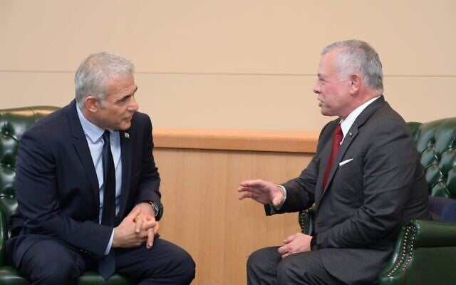 Prime Minister Yair Lapid, left, meets Jordan's King Abdullah II in New York, September 20, 2022. (Avi Ohayon/GPO) Prime Minister Yair Lapid, left, meets Jordan's King Abdullah II in New York, September 20, 2022. (Avi Ohayon/GPO)