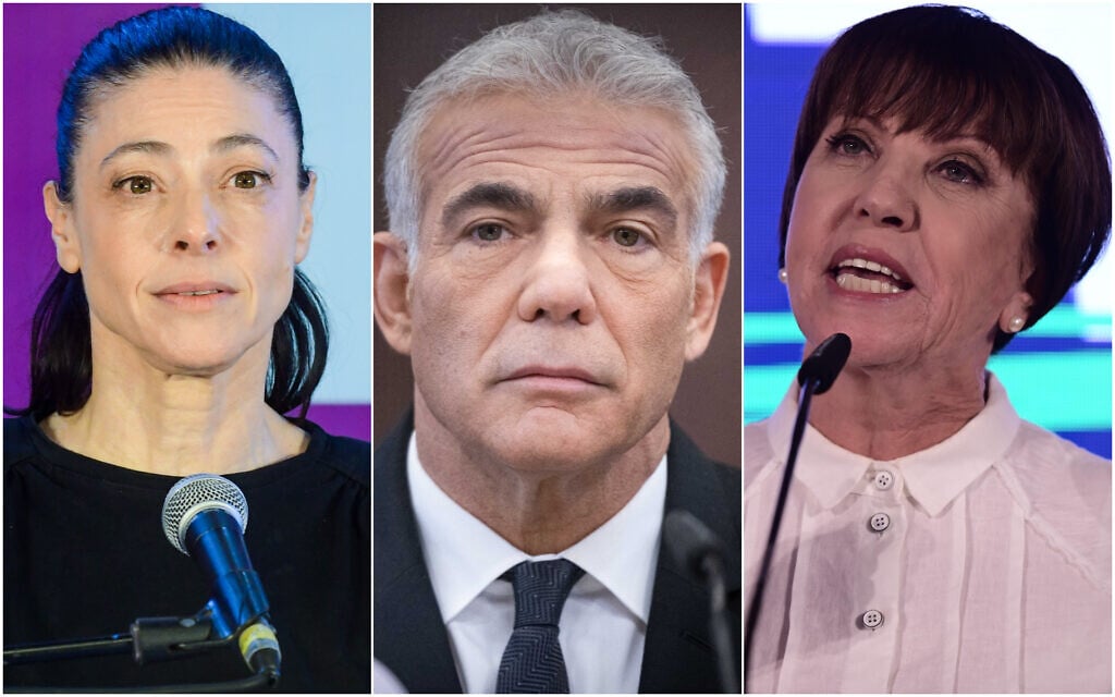 Labor leader Merav Michaeli (left), Prime Minister Yair Lapid (center), and Meretz leader Zehava Galon (right). (Flash90)