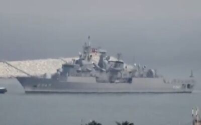 The TCG Kemalreis, a Barbaros-class frigate belonging to Turkey's navy, docks in Haifa on September 3, 2022. (Screen capture: Twitter)