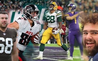 From left: Michael Dunn, Anthony Firsker, A.J. Dillon, Greg Joseph and Jake Curhan are five NFL players to watch this season. (Getty Images/Design by Grace Yagel via JTA)