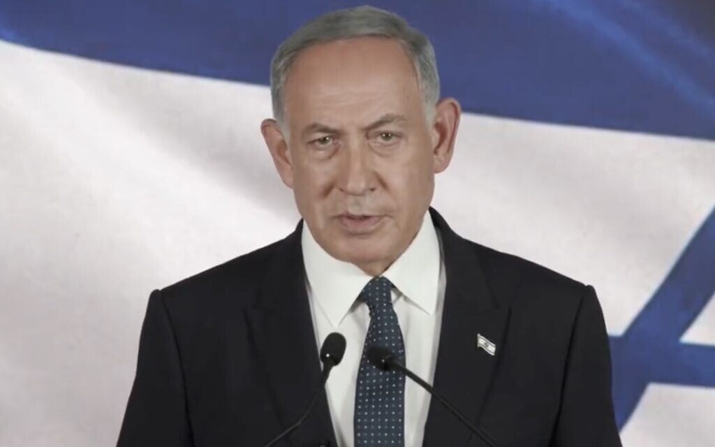 Opposition leader Benjamin Netanyahu criticizes Prime Minister Yair Lapid for endorsing the two-state solution at the UN General Assembly, in a video statement released on September 22, 2022. (Twitter screenshot, used in accordance with Clause 27a of the Copyright Law)