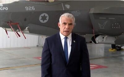 Prime Minister Yair Lapid at Nevatim airbase in southern Israel, September 6, 2022. (Video screenshot/GPO) Prime Minister Yair Lapid at Nevatim airbase in southern Israel, September 6, 2022. (Video screenshot/GPO)
