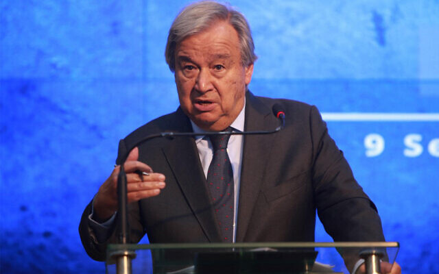United Nations Secretary-General Antonio Guterres speaks during a joint press conference in Islamabad, Pakistan on September 9, 2022. (Ghulam Rasool/AFP) United Nations Secretary-General Antonio Guterres speaks during a joint press conference in Islamabad, Pakistan on September 9, 2022. (Ghulam Rasool/AFP)