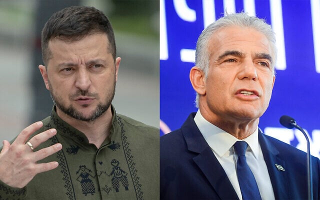Composite image shows Ukrainian President Volodymyr Zelensky, left, and Prime Minister Yair Lapid, right. (AP/Andrew Kravchenko, Avshalom Sassoni/Flash90) Composite image shows Ukrainian President Volodymyr Zelensky, left, and Prime Minister Yair Lapid, right. (AP/Andrew Kravchenko, Avshalom Sassoni/Flash90)