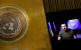 Ukrainian President Volodymyr Zelensky addresses the 77th session of the United Nations General Assembly via video, at UN headquarters in New York, September 21, 2022. (AP Photo/Jason DeCrow)