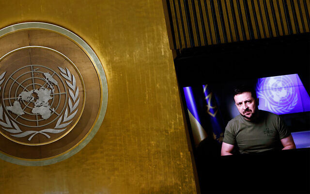 Ukrainian President Volodymyr Zelensky addresses the 77th session of the United Nations General Assembly via video, at UN headquarters in New York, September 21, 2022. (AP Photo/Jason DeCrow) Ukrainian President Volodymyr Zelensky addresses the 77th session of the United Nations General Assembly via video, at UN headquarters in New York, September 21, 2022. (AP Photo/Jason DeCrow)