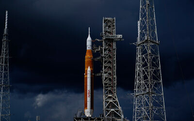 The NASA moon rocket stands on Pad 39B before the Artemis 1 mission to orbit the moon at the Kennedy Space Center in Cape Canaveral, Florida, September 2, 2022. (AP Photo/Brynn Anderson)