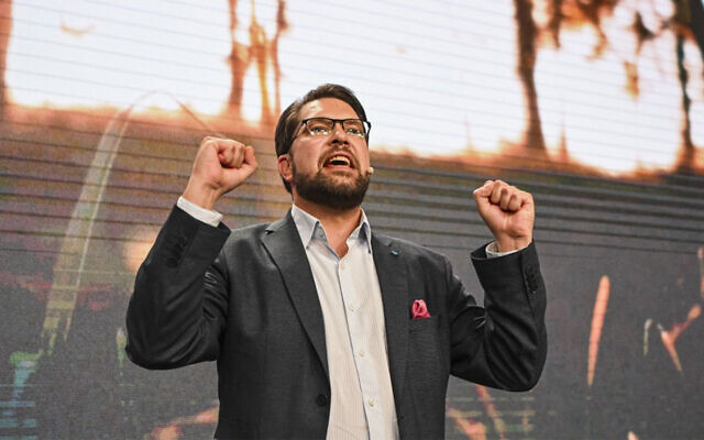 The leader of the Sweden Democrats Jimmie Akesson delivers a speach at the party's election watch in Nacka, near Stockholm, September 11, 2022. (Jonathan Nackstrand/AFP) The leader of the Sweden Democrats Jimmie Akesson delivers a speach at the party's election watch in Nacka, near Stockholm, September 11, 2022. (Jonathan Nackstrand/AFP)