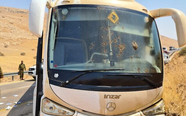 The scene of a shooting attack on an Israeli bus in the Jordan Valley, on September 4, 2022. (Israeli Bus Drivers Union) The scene of a shooting attack on an Israeli bus in the Jordan Valley, on September 4, 2022. (Israeli Bus Drivers Union)