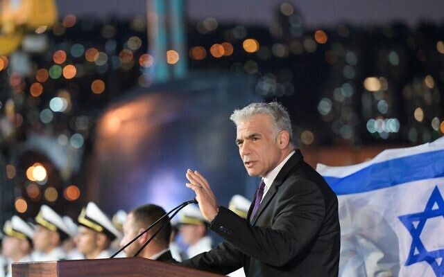 Prime Minister Yair Lapid speaks during a Navy officers graduation ceremony at the Haifa naval base, September 7, 2022. (Kobi Gideon/GPO) Prime Minister Yair Lapid speaks during a Navy officers graduation ceremony at the Haifa naval base, September 7, 2022. (Kobi Gideon/GPO)