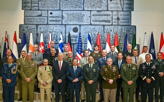 President Isaac Herzog hosts a reception in Jerusalem for military chiefs from 18 foreign nations on September 14, 2022. (Kobi Gideon/GPO)