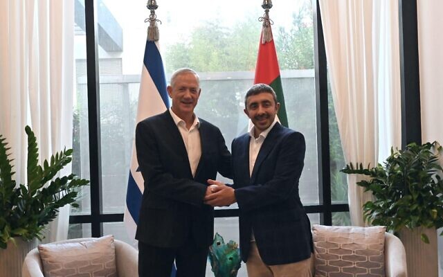 Defense Minister Benny Gantz (left) meets with UAE Foreign Minister Abdullah bin Zayed Al Nahyan at the UAE ambassador's home in Herzliya on September 18, 2022. (Ariel Hermoni/ Defense Ministry) Defense Minister Benny Gantz (left) meets with UAE Foreign Minister Abdullah bin Zayed Al Nahyan at the UAE ambassador's home in Herzliya on September 18, 2022. (Ariel Hermoni/ Defense Ministry)