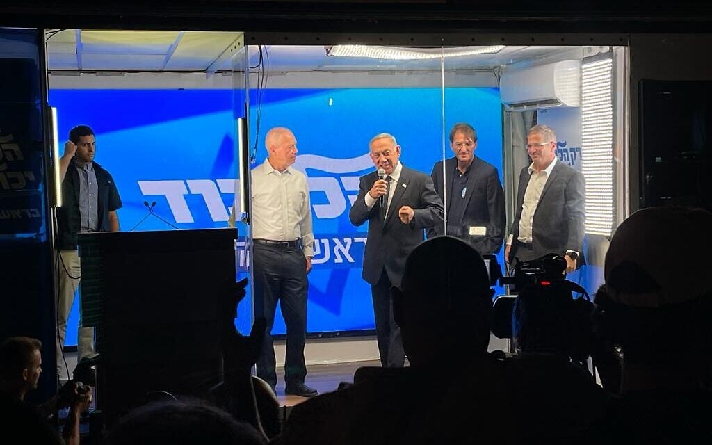 Likud party head Benjamin Netanyahu at a Ramat Gan election event in his "Bibi Ba" campaign bus, September 22, 2022 (Carrie Keller-Lynn/The Times of Israel)