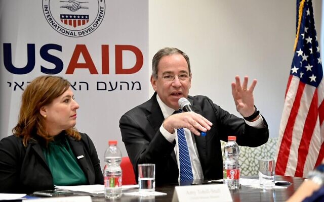 US Ambassador to Israel Tom Nides and USAID Mission Director Amy Tohill-Stull speak at an event in Jerusalem on September 28, 2022. (David Azagury/US Embassy Jerusalem) US Ambassador to Israel Tom Nides and USAID Mission Director Amy Tohill-Stull speak at an event in Jerusalem on September 28, 2022. (David Azagury/US Embassy Jerusalem)