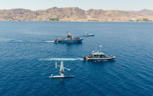 Israeli Navy vessels sail alongside US naval drones in the Gulf of Aqaba, in an image published by the military on September 22, 2022. (Israel Defense Forces) Israeli Navy vessels sail alongside US naval drones in the Gulf of Aqaba, in an image published by the military on September 22, 2022. (Israel Defense Forces)