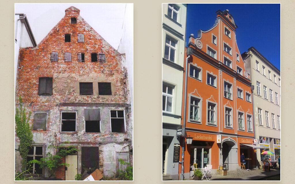 The building at Heilgeiststrasse 89 in Stralsund, Germany that housed the Blachs' leather goods business, before and after its restoration by Friederike Fechner and her husband Martin. (Courtesy of Fechner/ via JTA)