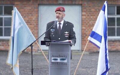 IDF chief Aviv Kohavi speaks at the Auschwitz Nazi death camp in Poland, September 19, 2022. (Israel Defense Forces)