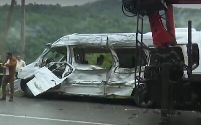 A minibus following a fatal crash outside Batumi, Georgia, on September 23, 2022. (Screen capture/used in accordance with Clause 27a of the Copyright Law)