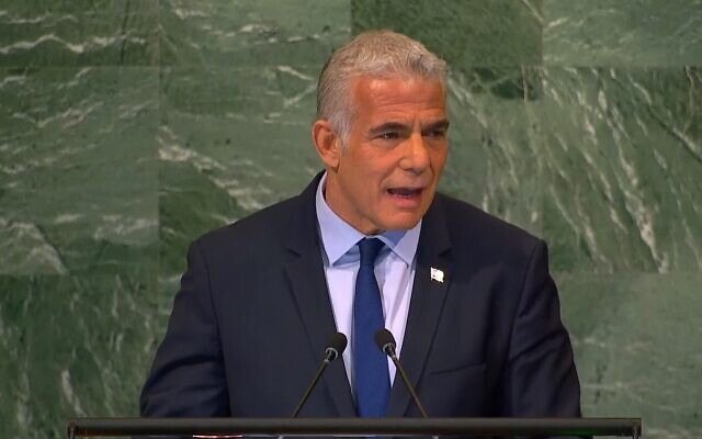 Prime Minister Yair Lapid addresses the United Nations General Assembly on September 22, 2022. (Screenshot) Prime Minister Yair Lapid addresses the United Nations General Assembly on September 22, 2022. (Screenshot)