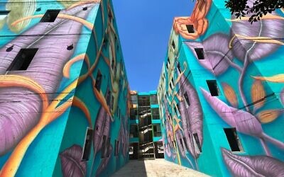 A mural on the Neve Raya nursing home in Petah Tikva: produced by Moti Shemesh, Shira Ariel, Marina Gontcharov, Sarit Shay, On Meir, October 2022 (courtesy Moti Shemesh/ Israeli Airbrush Center)