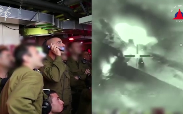 Israeli officers react to the successful strike of a Gabriel V anti-ship missile on a mock ship during a test in August 2022. (Israel Defense Forces) Israeli officers react to the successful strike of a Gabriel V anti-ship missile on a mock ship during a test in August 2022. (Israel Defense Forces)