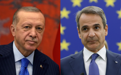 Turkey's President Recep Tayyip Erdogan, left, listens his Serbian counterpart Aleksandar Vucic during talks in Belgrade, Serbia, September 7, 2022; Greek Prime Minister Kyriakos Mitsotakis, right, delivers his speech during a debate at the European Parliament in Strasbourg, eastern France, July 5, 2022. (AP Photos/Darko Vojinovic, Jean-Francois Badias)