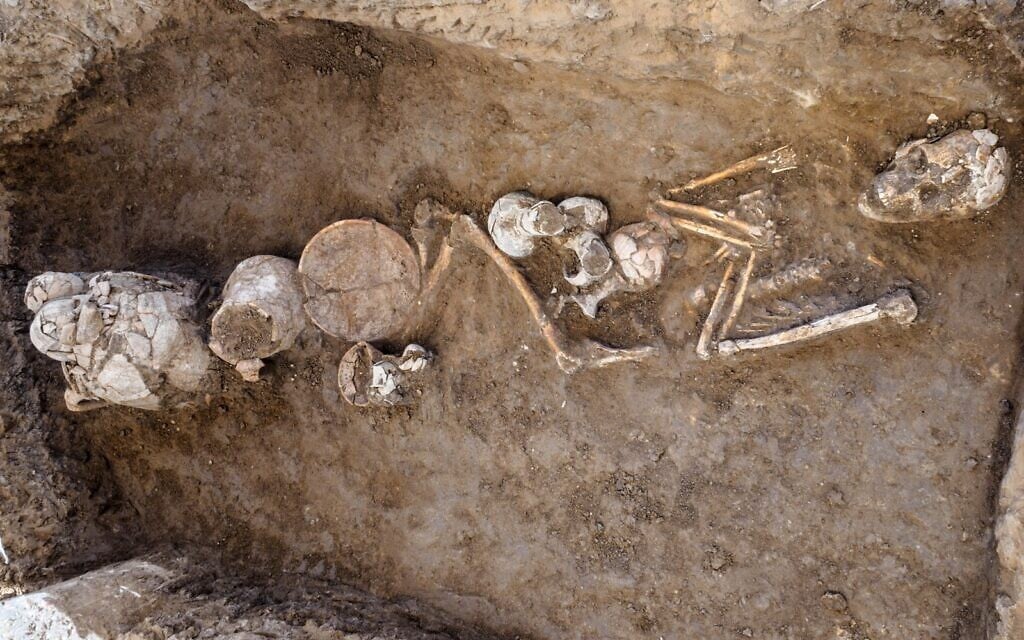 Canaanite grave from the Late Bronze Age that was found in the excavation of Tel Yehud with various gravegoods and sacrificed animals. A storage jar, covered by two cups, was placed above his legs to mark his burial place. (Assaf Peretz, Israel Antiquities Authority)