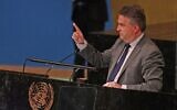 Ukraine's Ambassador to the United Nations Sergiy Kyslytsya speaks during a United Nations (UN) general assembly meeting following the Russian security council veto at UN headquarters in New York City on October 10, 2022. (Andrea Renault/AFP)