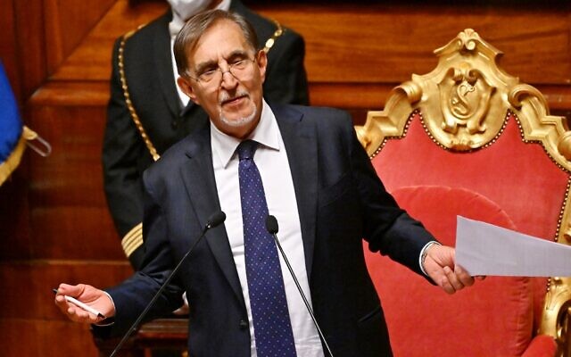 Italian far-right party Fratelli d'Italia's (Brothers of Italy) Ignazio La Russa addresses the Italian Senate after he was elected its new president, in Rome on October 13, 2022. (Andreas Solaro/AFP)