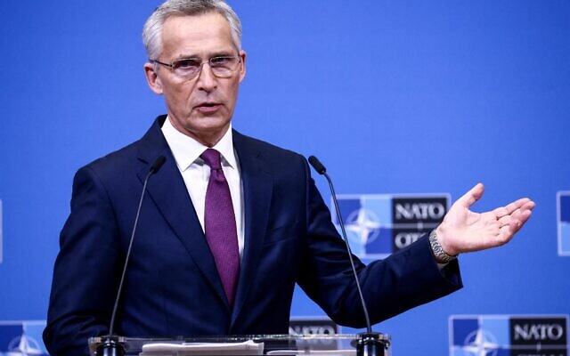 NATO Secretary General Jens Stoltenberg holds a press conference at NATO headquarters in Brussels on October 13, 2022. (Kenzo Tribouillard/AFP) NATO Secretary General Jens Stoltenberg holds a press conference at NATO headquarters in Brussels on October 13, 2022. (Kenzo Tribouillard/AFP)