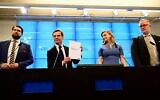From left to rights: Sweden Democrats leader Jimmie Akesson, Moderate party head Ulf Kristersson, Christian Democrats chief Ebba Busch and Liberal party chair Johan Pehrson attend a press conference on the formation of a coalition government, at the parliament press office in Stockholm, October 14, 2022. (Jonas Ekstromer/Various Sources/AFP)