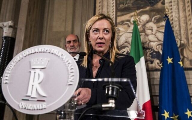 Italian prime minister-designate Giorgia Meloni addresses the media after a meeting with Italian President Sergio Mattarella at the Quirinale Palace in Rome on October 21, 2022. (ANGELO CARCONI/ANSA/AFP) Italian prime minister-designate Giorgia Meloni addresses the media after a meeting with Italian President Sergio Mattarella at the Quirinale Palace in Rome on October 21, 2022. (ANGELO CARCONI/ANSA/AFP)