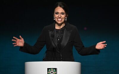 New Zealand's Prime Minister Jacinda Ardern delivers a speech during the football draw ceremony for the Australia and New Zealand 2023 FIFA Women's World Cup at the Aotea Centre in Auckland on October 22, 2022. (Photo by WILLIAM WEST / AFP)