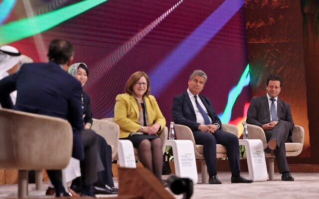 Li Tong (4th-R), CEO at BOC International Holdings; Susan Rice (3rd-R), British banker and Chair of the GEFI Global Steering Group; Francois Wat (2nd-R), senior Partner and co-head of Global Equity Advisory at Rothschild Paris; and Samer Haj-Yehia, chairman of Israel's Bank Leumi (R) attend a panel on the third day of the annual Future Investment Initiative (FII) conference in Saudi Arabia's capital Riyadh on October 27, 2022. -  (Photo by Fayez Nureldine / AFP)
