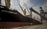 In this file photo taken on August 14, 2022, the first UN-chartered vessel MV Brave Commander loads more than 23,000 tons of grain to export to Ethiopia, in Yuzhne, east of Odesa on the Black Sea coast (Oleksandr Gimanov/AFP)