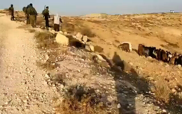 Soldier question a Palestinian shepherd near the southern West Bank outpost of Avigayil, October 28. 2022. (Screenshot: Twitter) Soldier question a Palestinian shepherd near the southern West Bank outpost of Avigayil, October 28. 2022. (Screenshot: Twitter)