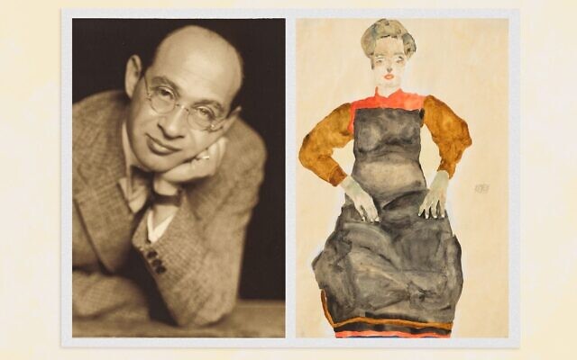 Fritz Grünbaum, left, was an Austrian Jewish cabaret performer and art collector. Egon Schiele's 'Woman in a Black Pinafore' is shown right. (Courtesy of CHRISTIE'S IMAGES LTD. 2022 and Getty Images via JTA) Fritz Grünbaum, left, was an Austrian Jewish cabaret performer and art collector. Egon Schiele's 'Woman in a Black Pinafore' is shown right. (Courtesy of CHRISTIE'S IMAGES LTD. 2022 and Getty Images via JTA)