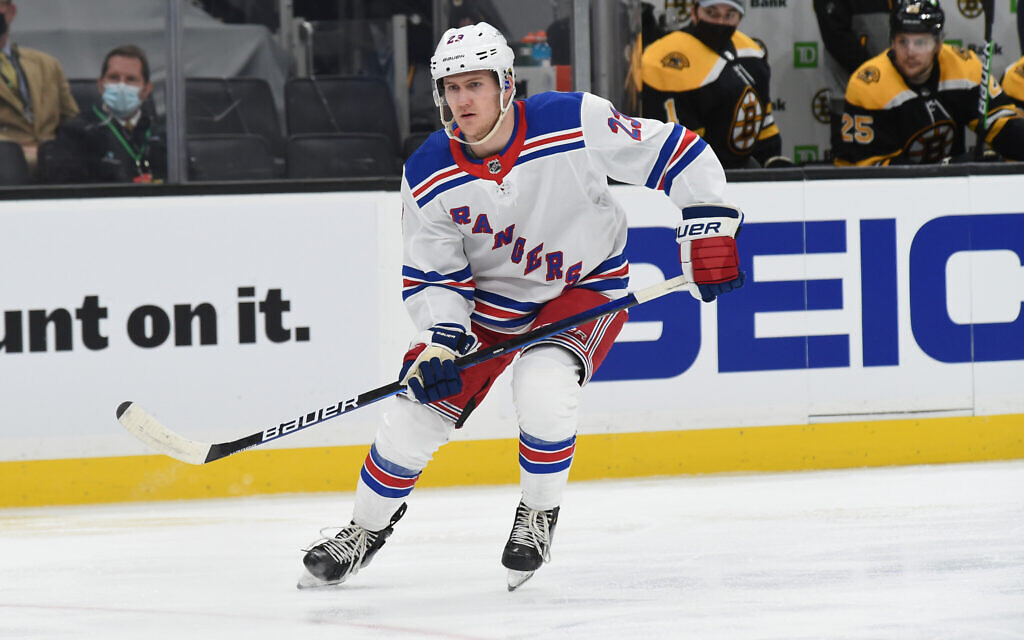 Adam Fox, #23 of the New York Rangers, skates against the Boston Bruins at the TD Garden on May 8, 2021, in Boston, Massachusetts. (Photo by Steve Babineau/NHLI via Getty Images/ via JTA)