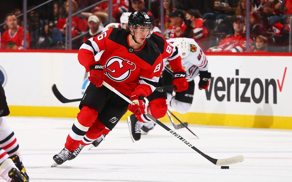 Jack Hughes, #86 of the New Jersey Devils, in action against the Chicago Blackhawks at Prudential Center on October 15, 2021, in Newark, New Jersey. (Photo by Mike Stobe/NHLI via Getty Images/ via JTA)