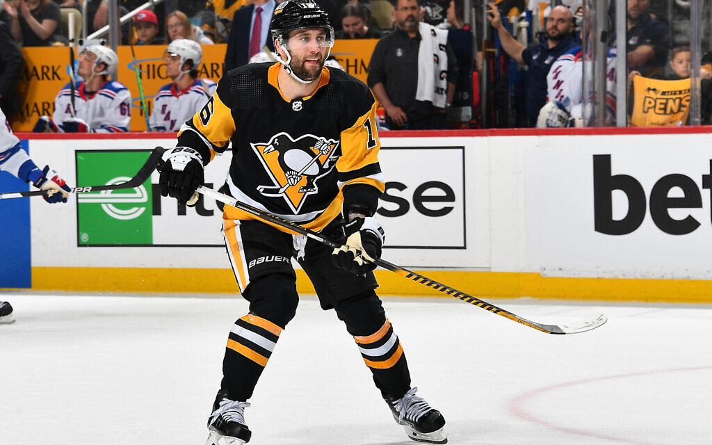 Jason Zucker, #16 of the Pittsburgh Penguins, skates against the New York Rangers in Game Six of the First Round of the 2022 Stanley Cup Playoffs at PPG PAINTS Arena on May 13, 2022, in Pittsburgh, Pennsylvania. (Photo by Joe Sargent/NHLI via Getty Images/ via JTA)