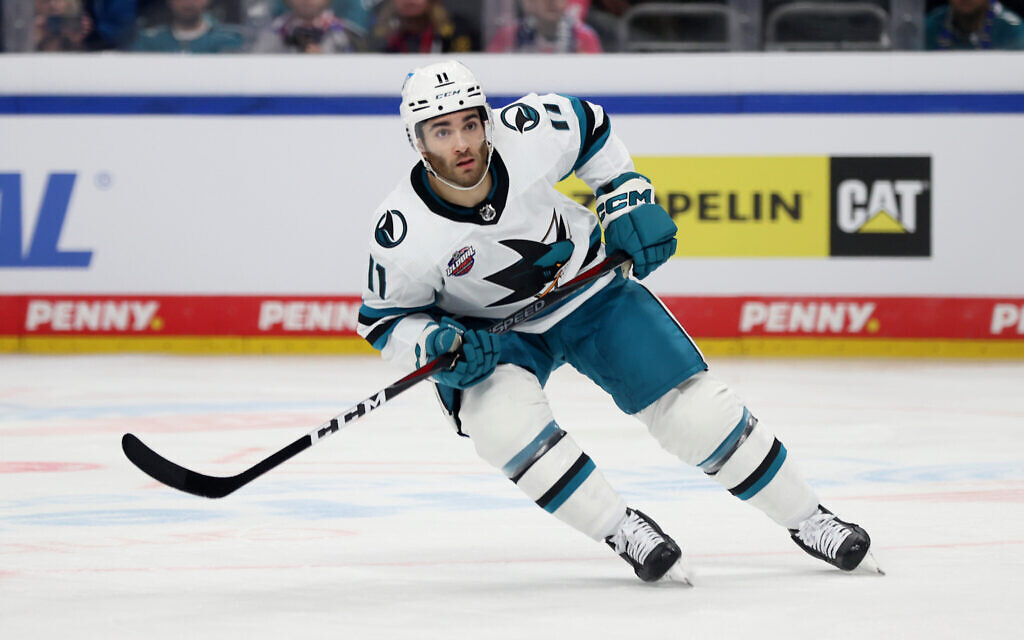 Luke Kunin, #11 of San Jose Sharks, skates against Eisbaren Berlin during the NHL Global Series Challenge game between San Jose Sharks and Eisbaren Berlin at Mercedes-Benz Arena on October 4, 2022, in Berlin, Germany. (Photo by Martin Rose/Getty Images/ via JTA)