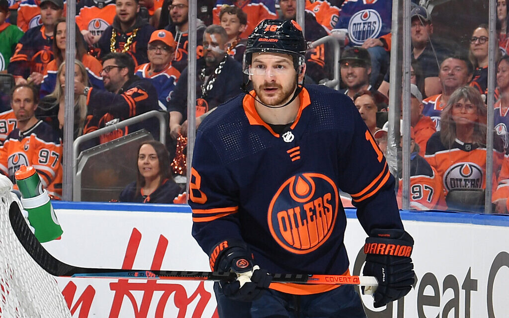 Zach Hyman, #18 of the Edmonton Oilers, skates during Game Four of the Western Conference Final of the 2022 Stanley Cup Playoffs against the Colorado Avalanche on June 6, 2022, at Rogers Place in Edmonton, Alberta, Canada. (Photo by Andy Devlin/NHLI via Getty Images/ via JTA)