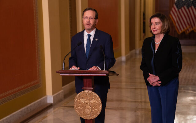President Isaac Herzog, left, and US House Speaker Nancy Pelosi at the US Capitol in Washington, October 25, 2022. (Luke Tress/Times of Israel) President Isaac Herzog, left, and US House Speaker Nancy Pelosi at the US Capitol in Washington, October 25, 2022. (Luke Tress/Times of Israel)
