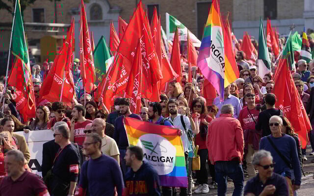 People gather during a march organized by the anti-fascist Italian Partisans association in Mussolini's birthplace Predappio, Italy, Oct. 28, 2022. (AP Photo/Luca Bruno) People gather during a march organized by the anti-fascist Italian Partisans association in Mussolini's birthplace Predappio, Italy, Oct. 28, 2022. (AP Photo/Luca Bruno)
